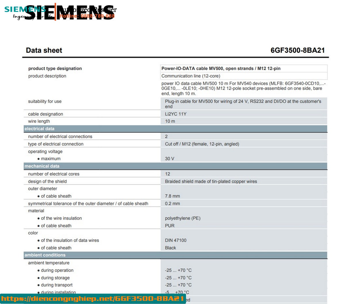 Cáp Kết Nối 6GF3500-8BA21 10m Cho Thiết Bị MV540 - Đầu M12 12 Chân, Một Đầu Lắp Sẵn