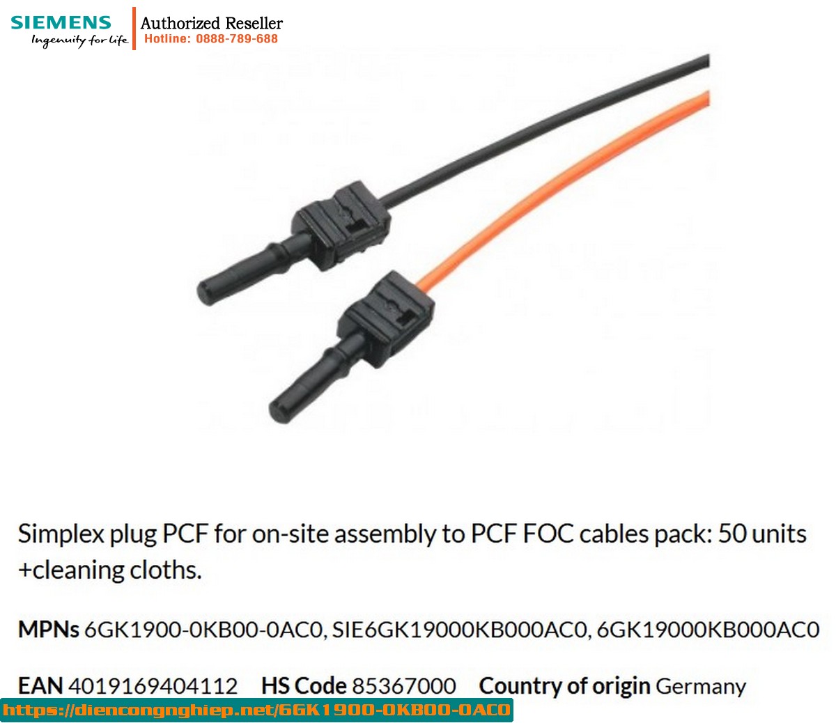 Bộ Connector Simplex 6GK1900-0KB00-0AC0 - Cáp quang PCF 50 đơn vị + khăn vệ sinh