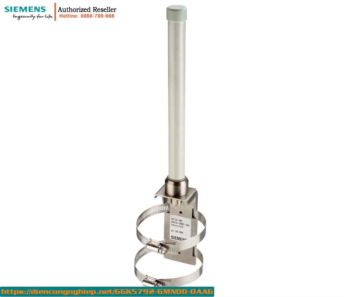 Anten IWLAN Omni 6dBi IP67 2.4GHz - Chống Nước, Lắp Tường/Cột - Kèm Điện Trở Đầu Cuối - Model: 6GK5792-6MN00-0AA6