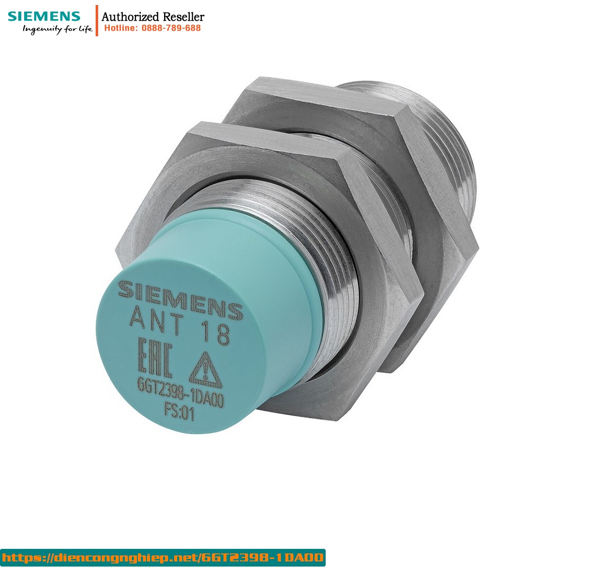 Anten SIMATIC RF300/RF200 ANT18 Inox 6GT2398-1DA00 | Chịu nhiệt -25°C đến 70°C | IP65 | Ren M18x1 | Dài 40mm