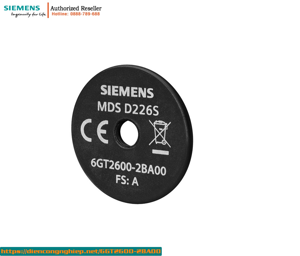 Transponder RFID Siemens 6GT2600-2BA00 ISO 15693 13.56MHz Bộ Nhớ 316 Byte Chịu Nhiệt -40 đến +90°C IP68