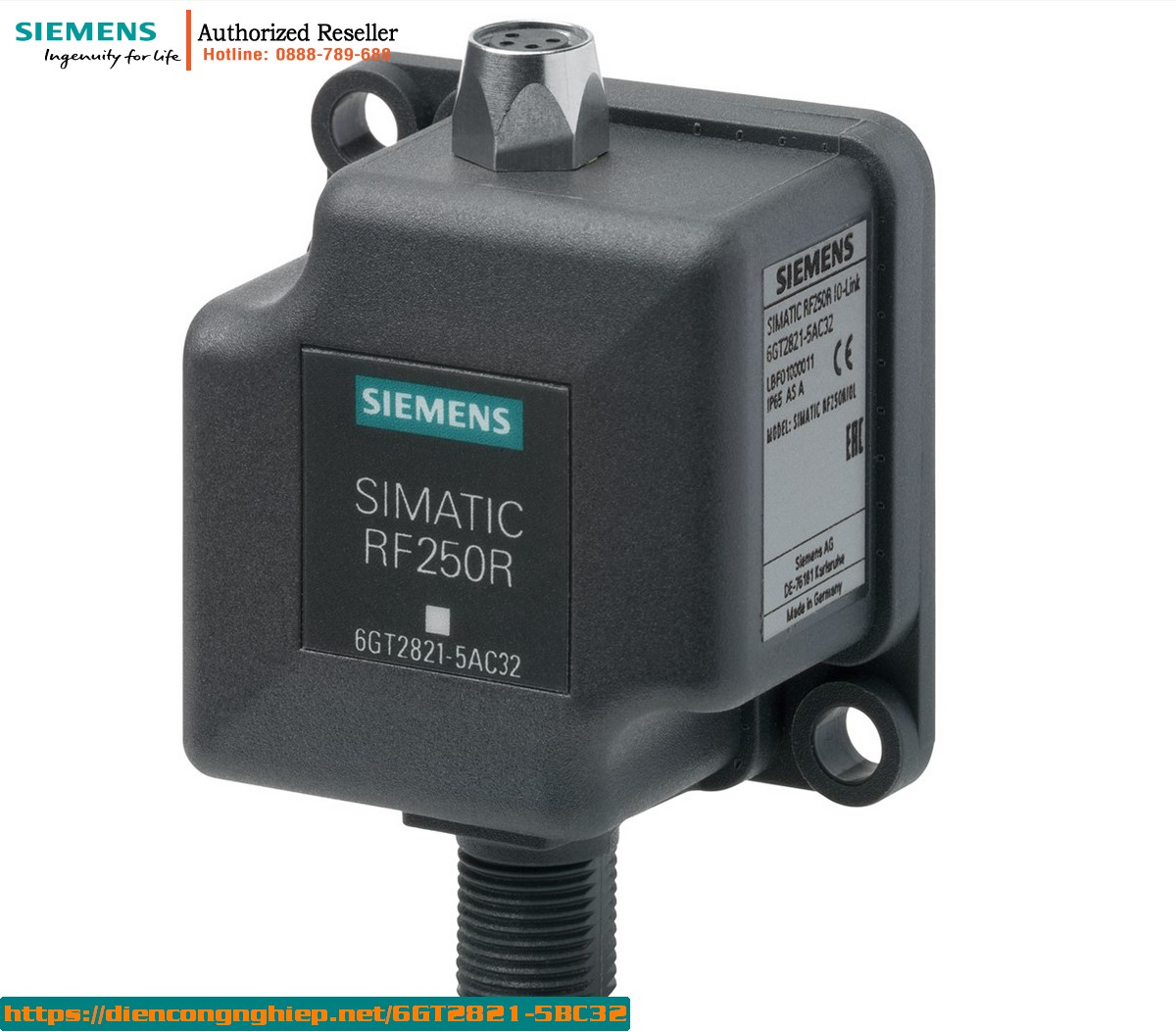 Đầu đọc RFID Siemens SIMATIC RF250R 6GT2821-5BC32 - Giao tiếp IO-Link, chống nước IP65, tương thích đa anten