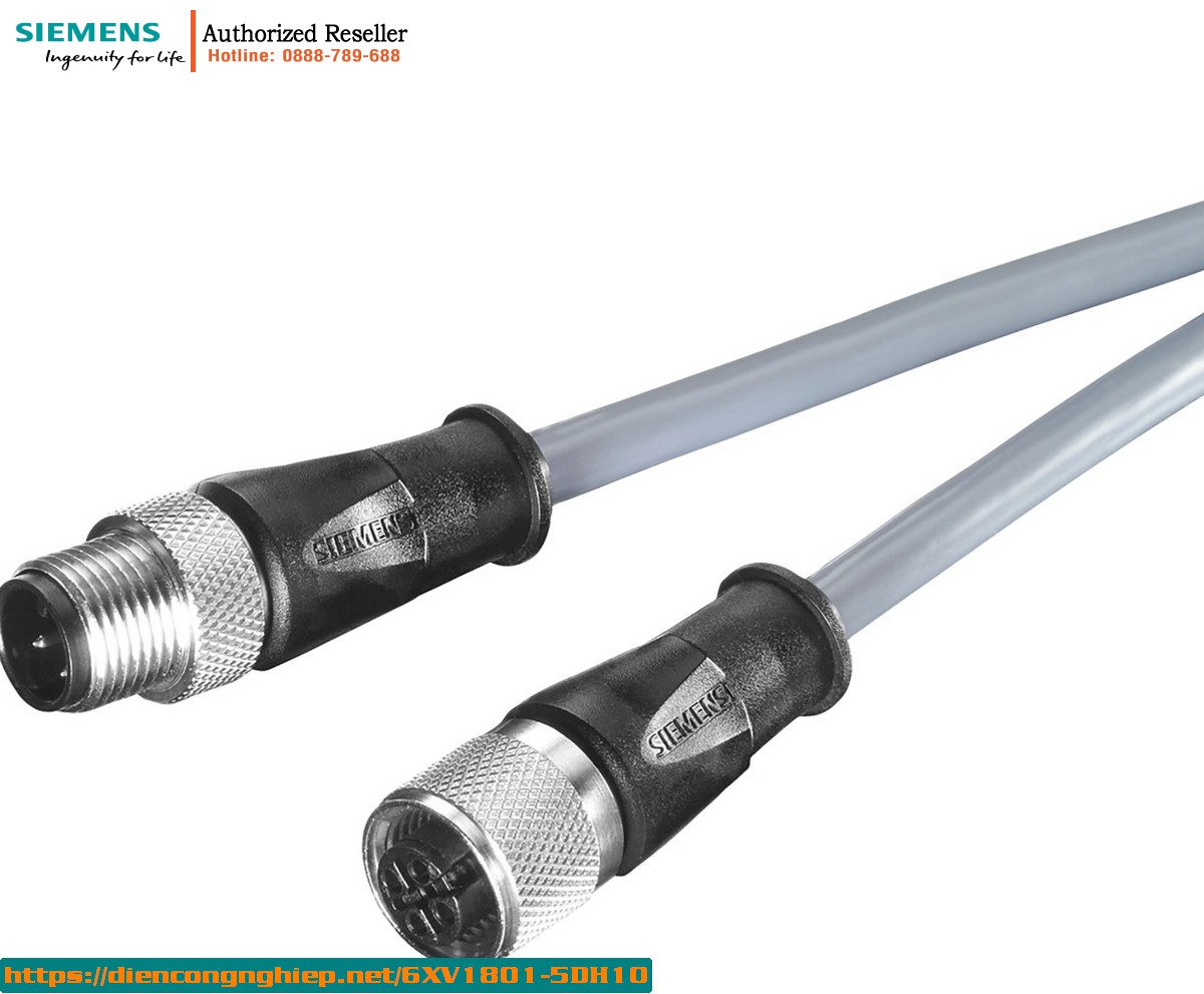 Cáp Nguồn M12 ET 200 6XV1801-5DH10 - Cáp Lắp Sẵn 1.0m, A-Coded, 4-Pole