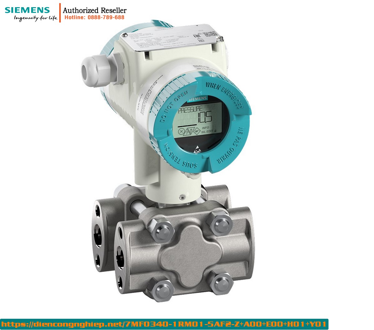 Cảm biến áp suất Siemens 7MF0340-1RM01-5AF2-Z+A00+E00+H01+Y01 - Đo chênh áp & lưu lượng HART, màn hình hiển thị, dầu silicone, PN160