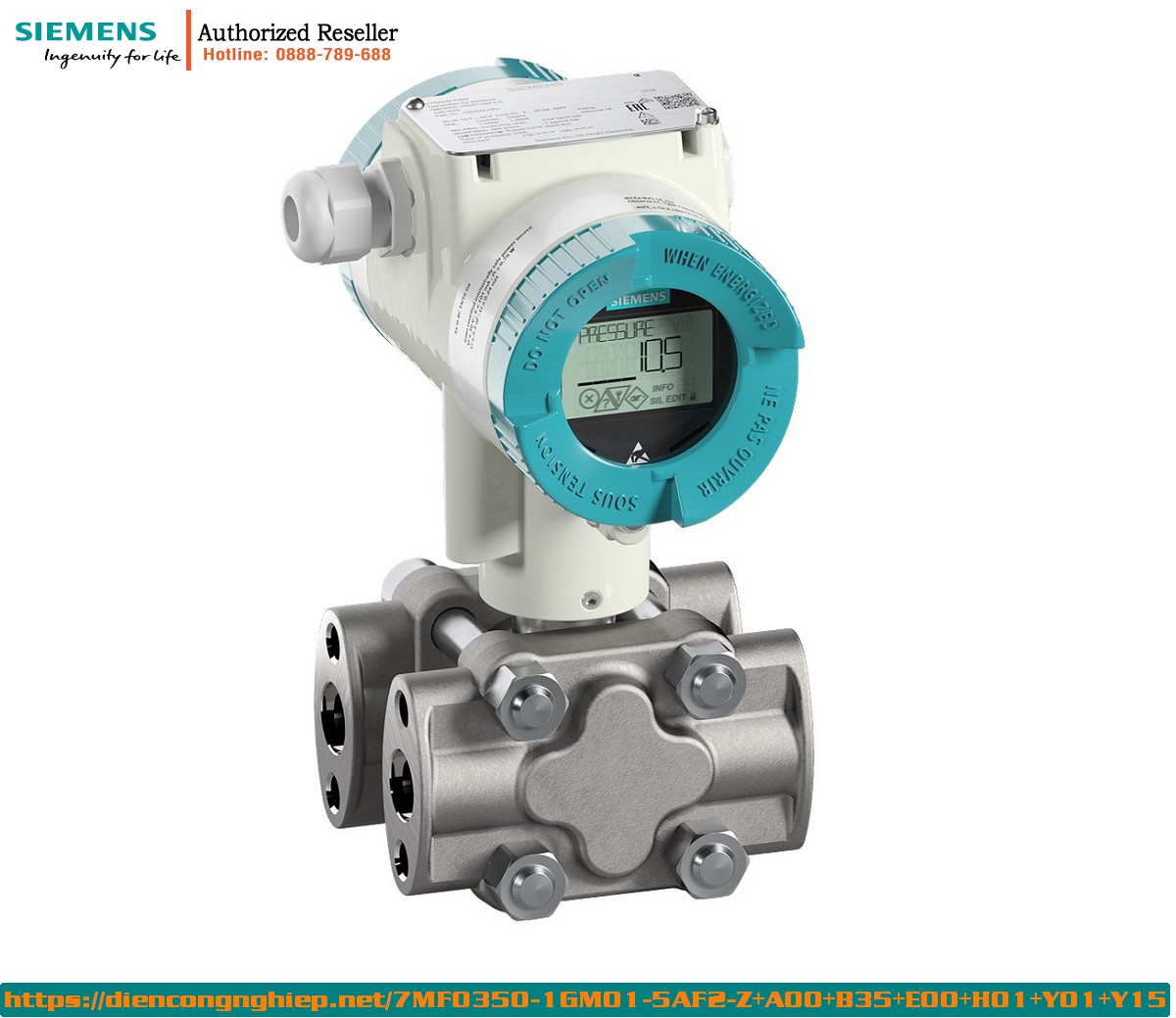 Cảm biến áp suất chênh lệch Siemens 7MF0350-1GM01-5AF2-Z+A00+B35+E00+H01+Y01+Y15 - Đo lưu lượng HART, màn hình hiển thị, dầu silicone, thép không gỉ