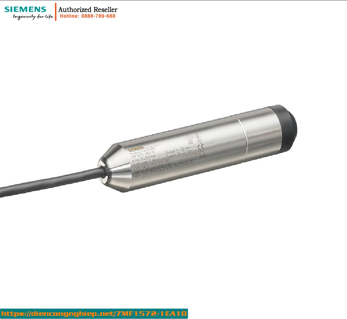 Cảm biến đo mức thủy tĩnh chìm SITRANS LH100 7MF1572-1EA10 - Dải đo 0-5m, tín hiệu 4-20mA, cáp 10m