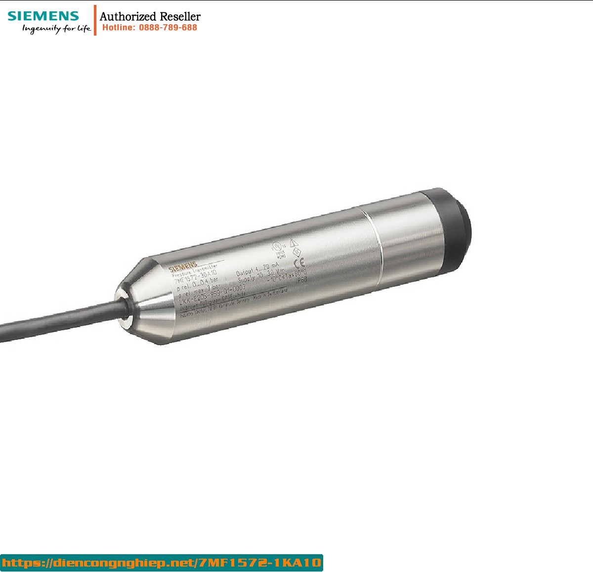 Cảm biến đo mức thủy tĩnh chìm 7MF1572-1KA10, tín hiệu 4-20mA, dây 30m, vật liệu 316L