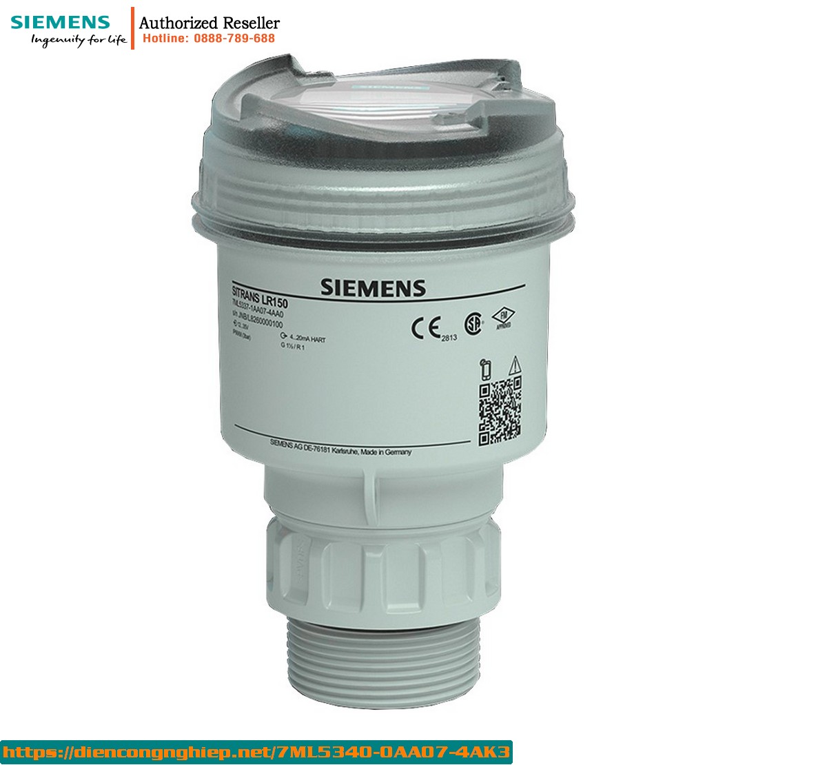 Máy đo mức radar SITRANS LR150 7ML5340-0AA07-4AK3 - Đo không tiếp xúc, phạm vi 15m, dùng cho chất lỏng & rắn, hiển thị tại chỗ, kết nối 1-1/2