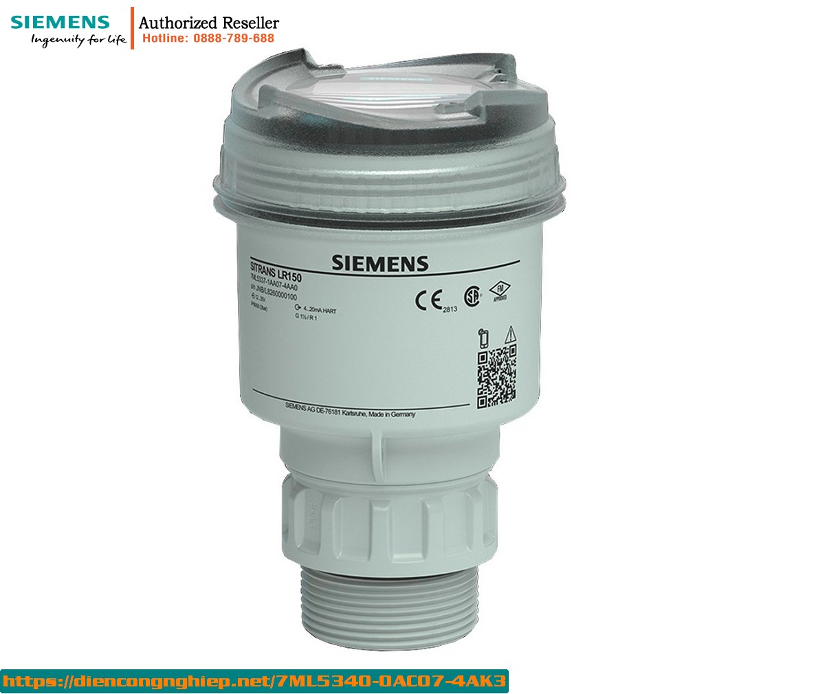 Cảm Biến Radar Đo Mức Không Tiếp Xúc SITRANS LR150 7ML5340-0AC07-4AK3 - Phạm Vi 15m, Kết Nối G1-1/2